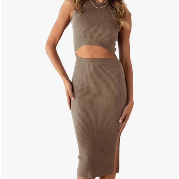 PRETTYGARDEN Women Summer Midi Bodycon Dresses Casual Crew Neck Side Slit Camel - Picture 3 of 10